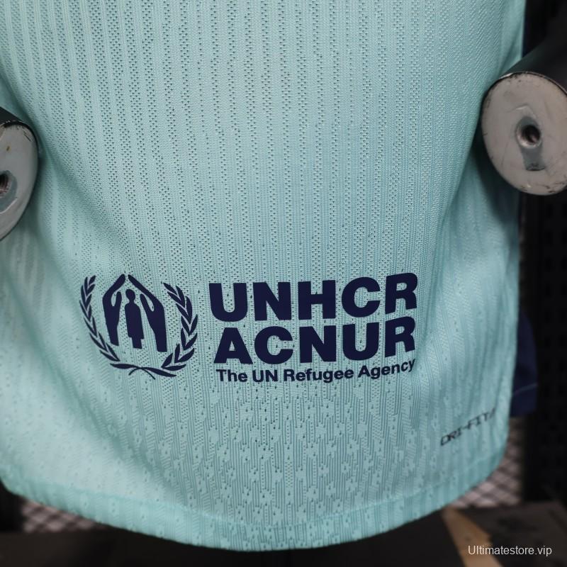 Player Version 25/26 Barcelona Blue 125Th Anniversary Mint Green Jersey with Navy Blue Stripe and Spotify Sponsor