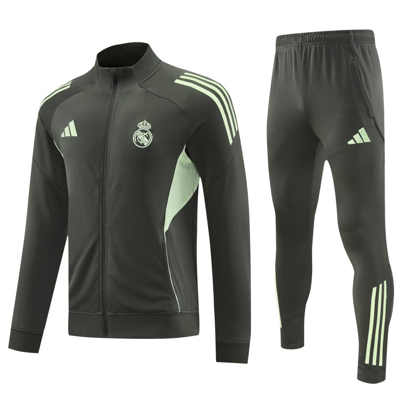 25/26 Real Madrid Dark Grey with Neon Green Stripes Half Zipper Jacket Tracksuit +Long Pants