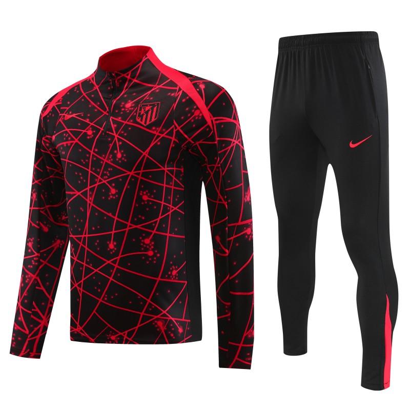 25/26 Atletico Madrid Black with Red Geometric Lines Pattern Half Zipper Jacket Tracksuit +Long Pants