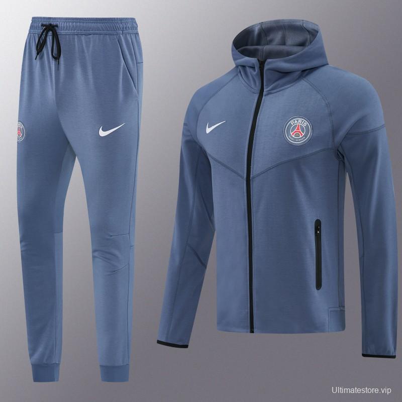 26/27  Paris Saint-Germain Steel Blue Full Zipper Hooded Jacket Tracksuit + Long Pants