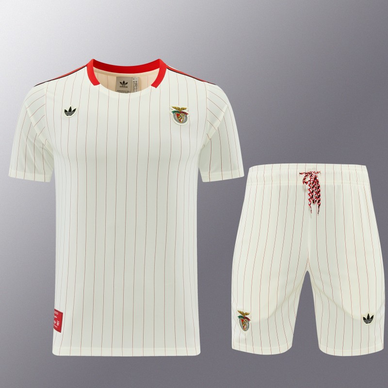 26/27 Benfica × Adidas Originals Off-White Pinstripe Short Sleeve+Soccer Shorts