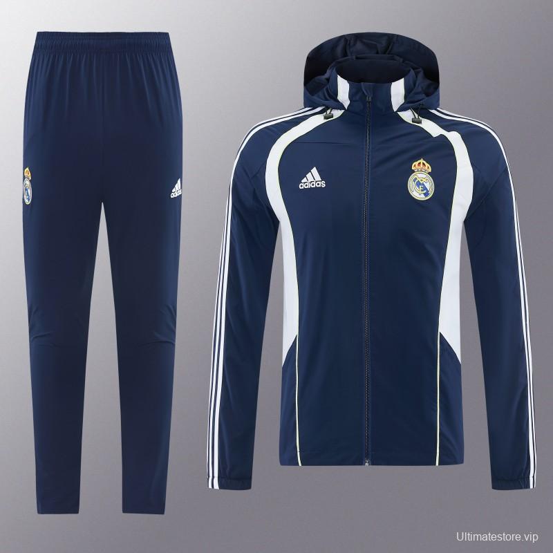 26/27 Real Madrid Navy Blue Full Zipper Hooded Windbreaker Tracksuit + Long Pants