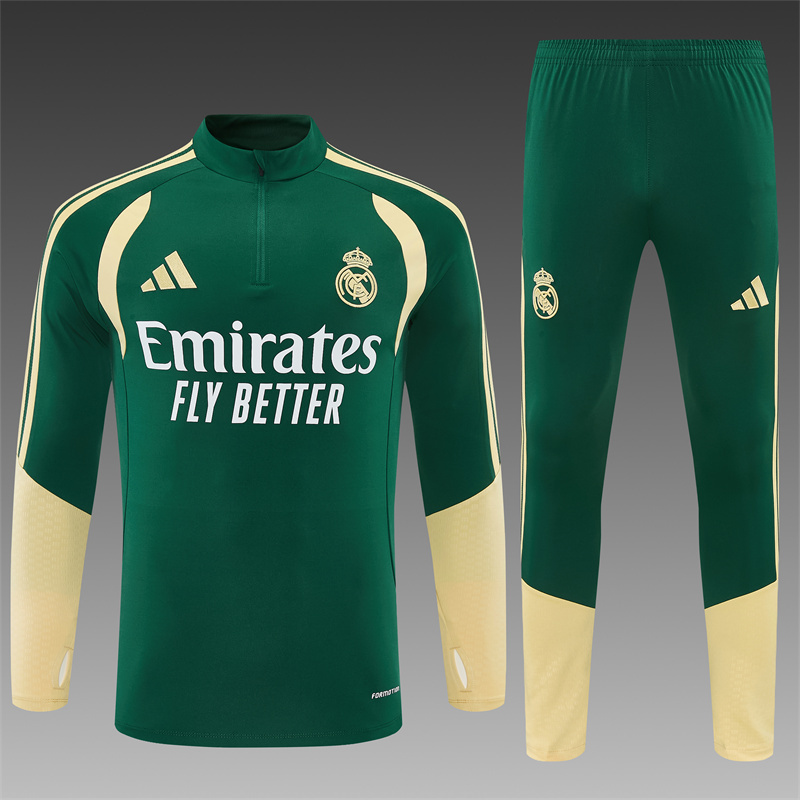 2026 Real Madrid Green & Cream  Half Zipper Jacket Tracksuit + Long Pants