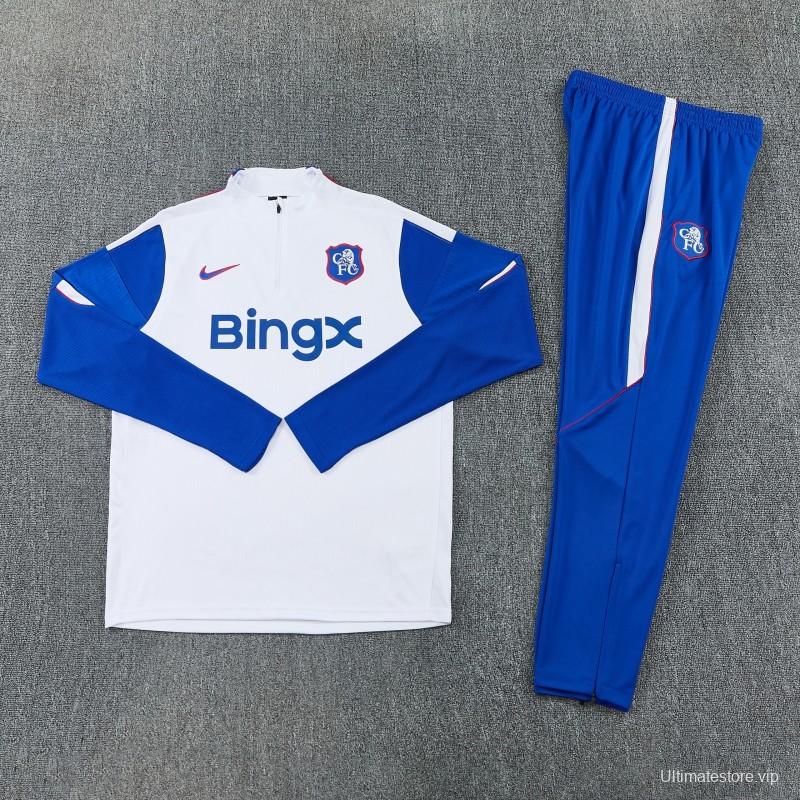 26/27 Chelsea  White & Blue Half Zipper Jacket Tracksuit + Long Pants