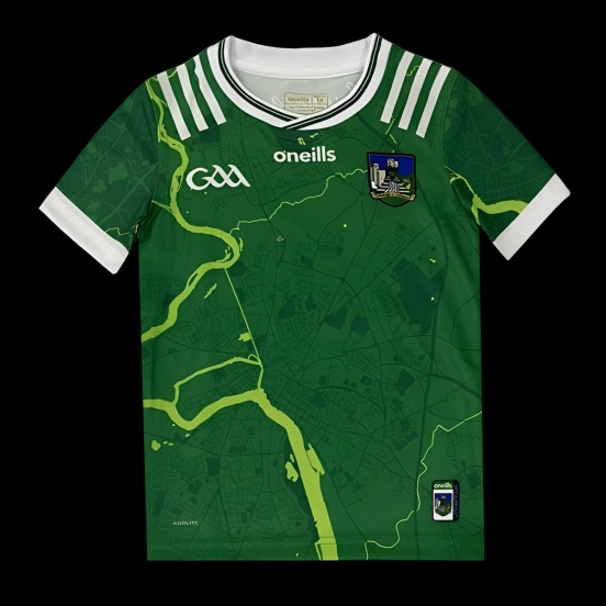 25/26 Kids Limerick GAA Green with River Map Pattern Home Jersey